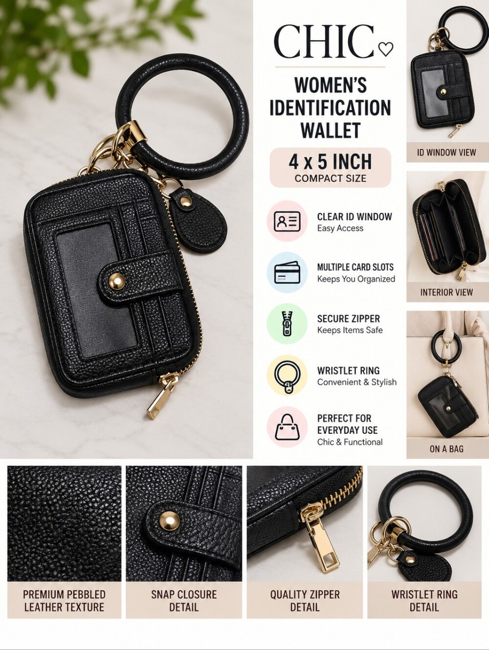 Chic 4x5 inch womans black identification wallet #36
